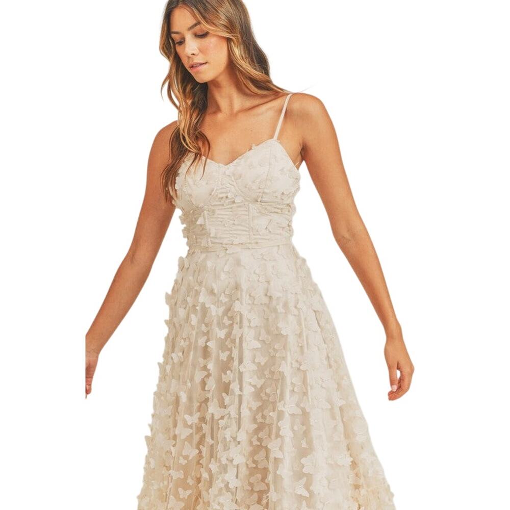 NWT NATASHA BUTTERFLY MESH LACE UP MIDI DRESS - CREAM SIZE SMALL BRIDAL WEDDING - Picture 4 of 9
